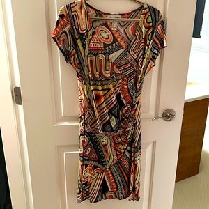 Joseph Ribkoff midi length bright modern pattern v-neck wrap dress
